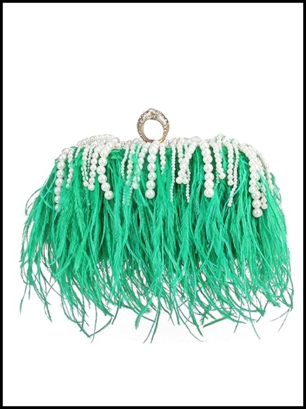Vintage Ostrich Feather Evening Bag Clutch with Pearl Chain